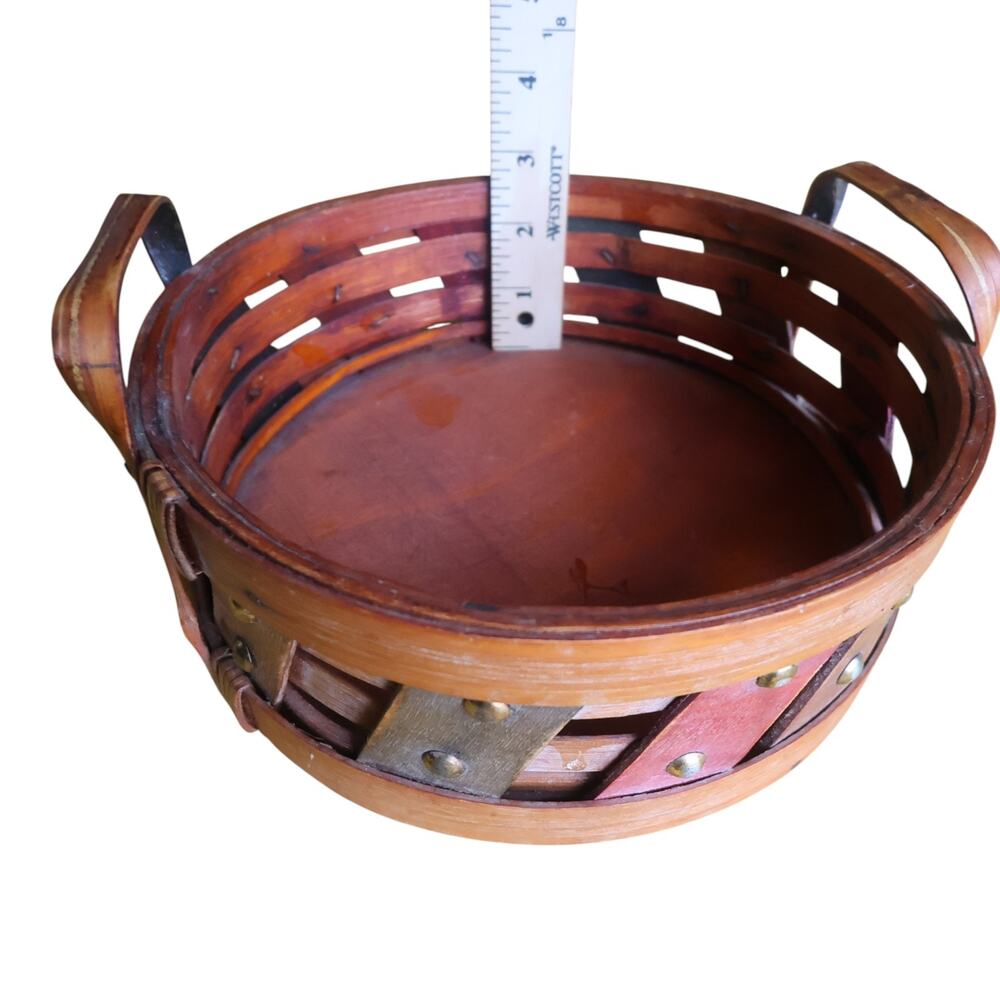 Vintage Red Wood Basket Studded Woven Accent Handles Rustic Boho 7" - Picture 6 of 8